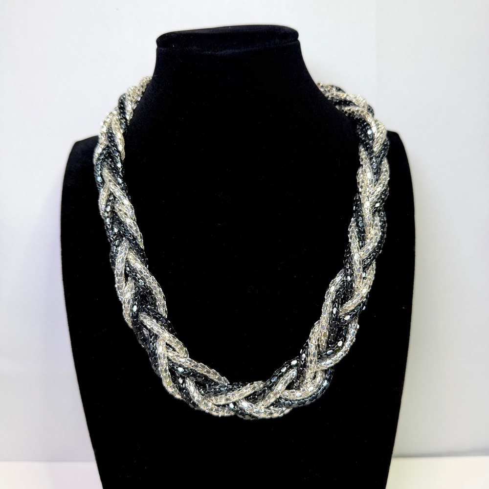 Womens Braided Metallic Mesh Statement Necklace Silver Gunmetal Black Collar